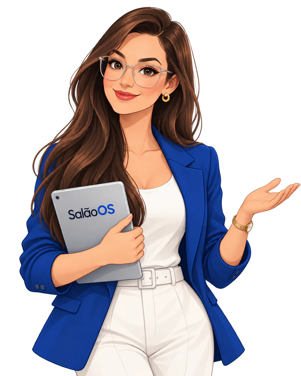 Ilustração da Aline, consultora do SalãoOS, segurando um tablet com a marca e dando as boas-vindas.